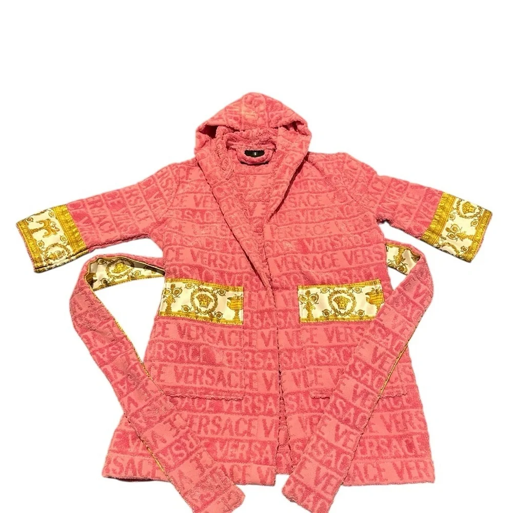 Versace Kids Coral Hooded Pajama Robe with Gold Baroque Trim, pre-owned